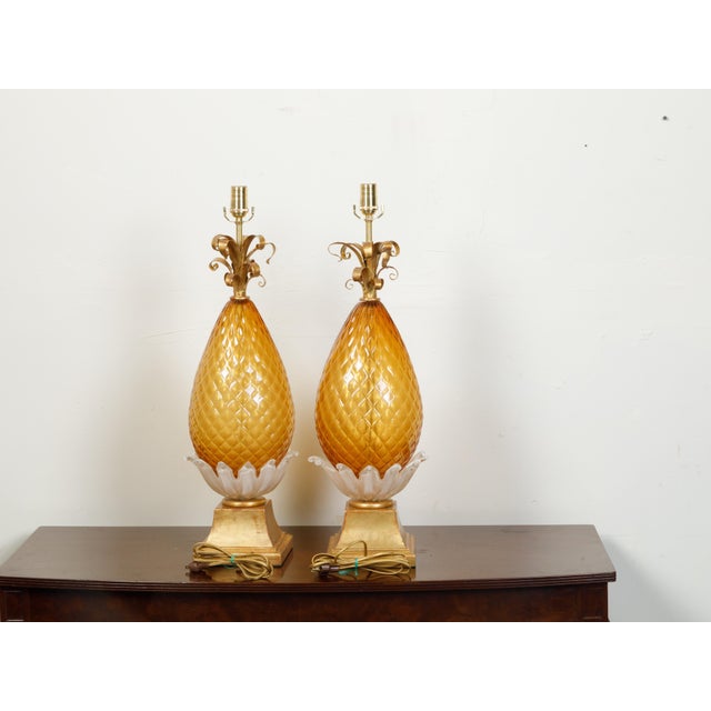 Pair of Venetian Murano Glass Pineapple Style Table Lamps with Gilt Scrolls For Sale - Image 4 of 8