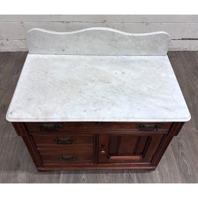 Victorian Antique Victorian Eastlake Walnut Marble Top Knapp Joint Washstand For Sale - Image 3 of 15