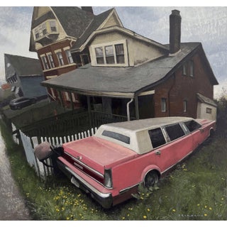 State Ave. Stretch by Brad Davis | Oil on wood panel Pink limousine parked near a house. For Sale