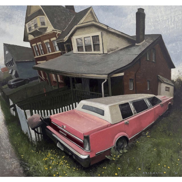 State Ave. Stretch by Brad Davis | Oil on wood panel Pink limousine parked near a house. For Sale