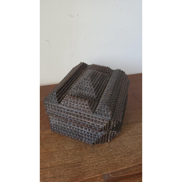 Late 20th Century Antique Tramp Art Box, Hand Carved Wooden Keepsake Box, Chip Carved Folk Art Jewelry Box, Primitive Storage Casket, Black Forest Style Decor For Sale - Image 5 of 12