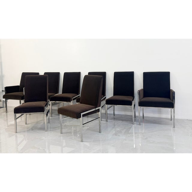 Pace Collection Leon Rosen Chrome Dining Chairs, Set of 8, Rohleder Chocolate Velvet, 1970's For Sale - Image 4 of 7