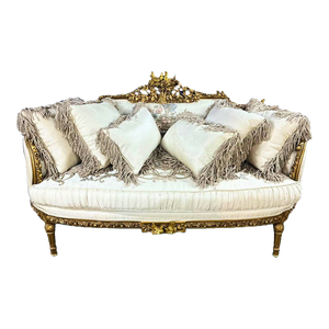 Baroque Style Antique White Sofa With Pillows and Gold Leaf Details
