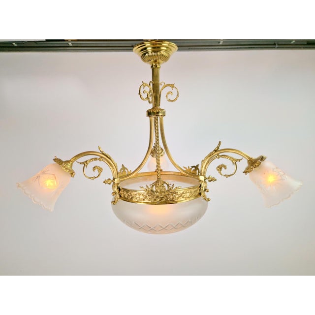 Antique Art Deco Glass and Bronze Chandelier, France, 1930s For Sale - Image 3 of 14