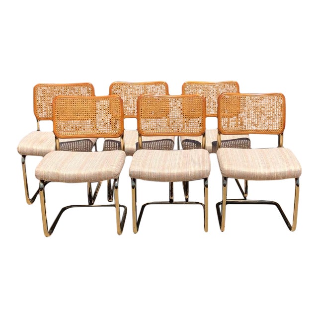 1980s Vintage Cantilever Cane Marcel Breuer Style Tubular Dining Chairs Upholstered Seats Set of 6 For Sale