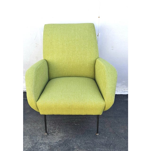 Midcentury Italian chair new reupholstered and refinished. Upholstered in linen and cotton upholstery material.