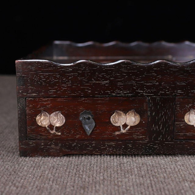 Late 20th Century Vintage Rosewood Square Tray With Drawers & Mother-of-Pearl Deer & Crane Inlay For Sale - Image 5 of 10