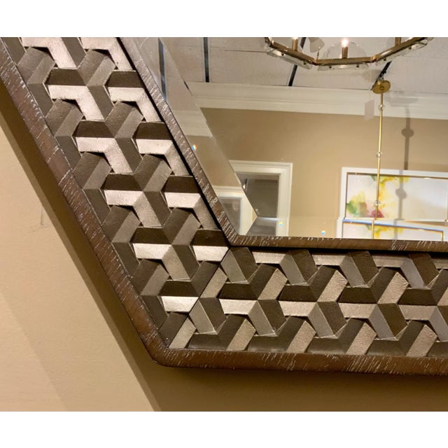 Stylish Modern taupe and Gunmetal Woven Octagonal Wall Mirror, beveled mirror, showroom floor sample