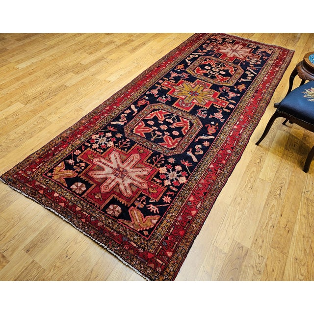 Vintage Persian Hamadan Gallery Rug, Hand-Knotted Wool, Geometric Bird Motifs Design, Navy & Red, 5’ X 11’ For Sale - Image 14 of 14