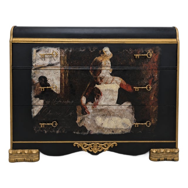 Vintage Art Deco Custom "Dancer" 3 Drawer Waterfall Dresser With Gold Hardware For Sale