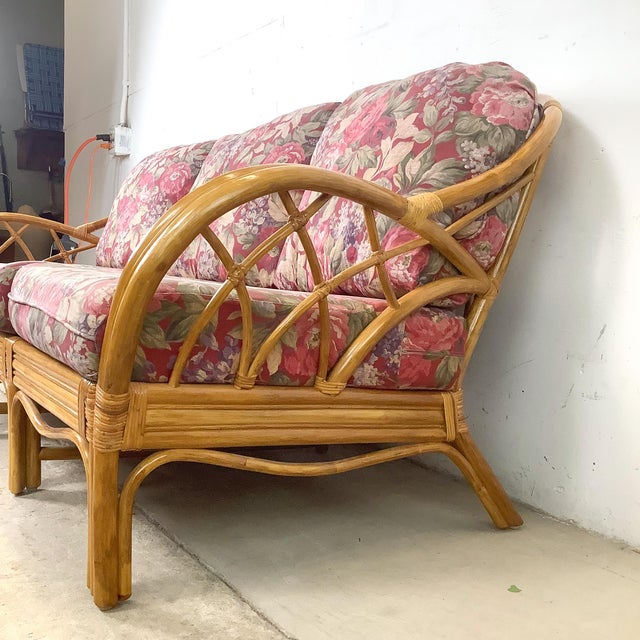 Brown Vintage Palm Beach Style Rattan Sofa With Architectural Lattice Back For Sale - Image 8 of 18