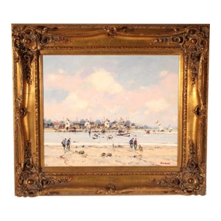 Painting by Jean Dubord (Born 1949) Titled "Le Retaur Des Pecheuns a Maree Barre" For Sale