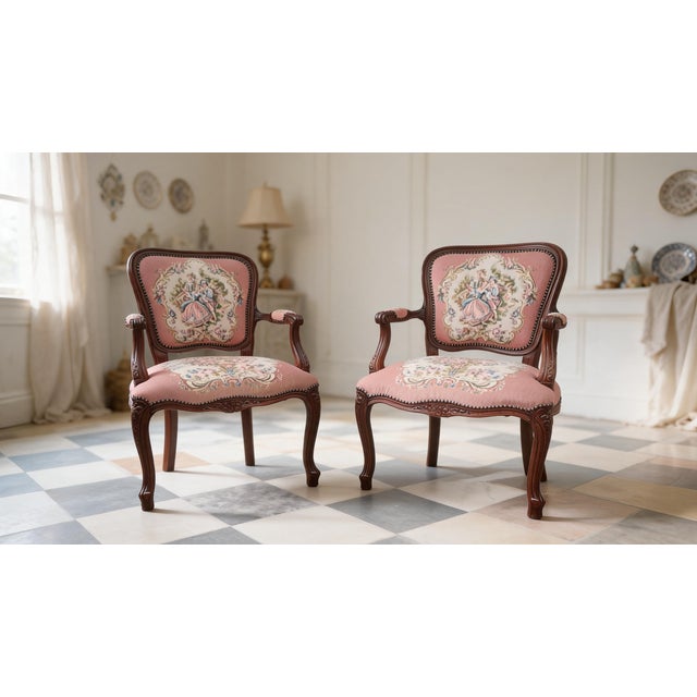 A charming pair of vintage Louis XV Style armchairs featuring carved wood frames in a rich walnut-toned finish, graceful...