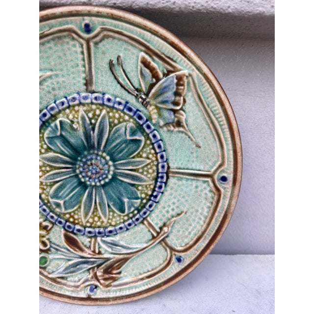 Majolica Flowers & Butterfly Plate Wasmuel Circa 1890 For Sale - Image 4 of 5