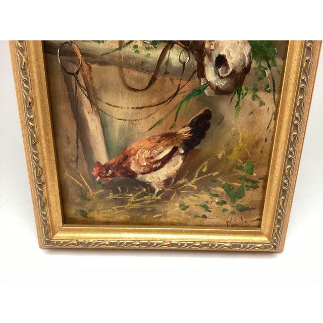 Late 19th Century Late 19th Century Signed Oil Painting Farm Seen the Donkey and Hen on Wood Panel For Sale - Image 5 of 6