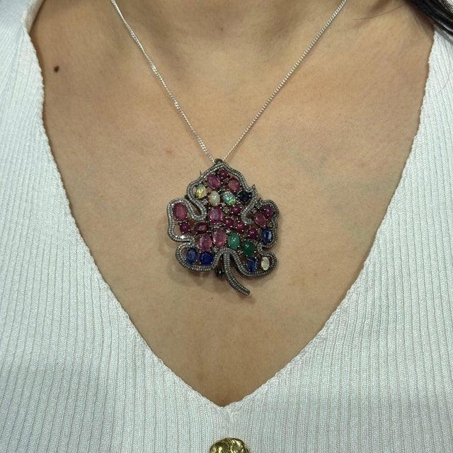 Ruby Red 9.15 Ct Multi Gemstone Maple Leaf Convertible Brooch Pendant in Sterling Silver For Sale - Image 8 of 11