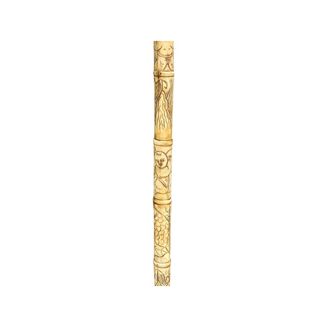 Vintage Chinese Old Men Engraved Motif Bone Color Resin Inset Walking Stick For Sale - Image 12 of 12