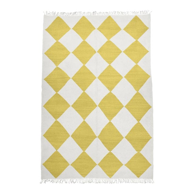 Mustard Yellow and White Diamond Checker Zanafi Flatweave Moroccan Wool Rug (Made-To-Order) 6 X 9' For Sale