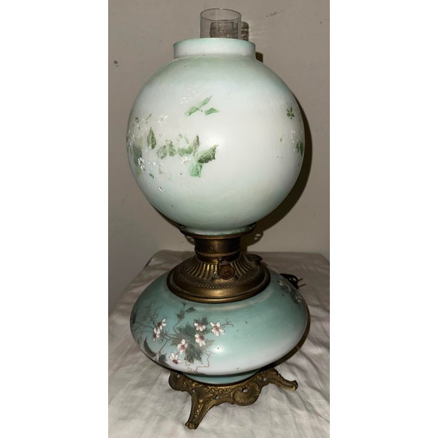 Victorian Antique Victorian Electrified "Gone With the Wind" Hurricane Lamp With Hand-Painted Floral Globe, C. 1895 For Sale - Image 3 of 12