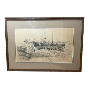 1940s Large Original M. Wilson Nautical Ship Repairs Sailboat Sketch Drawing