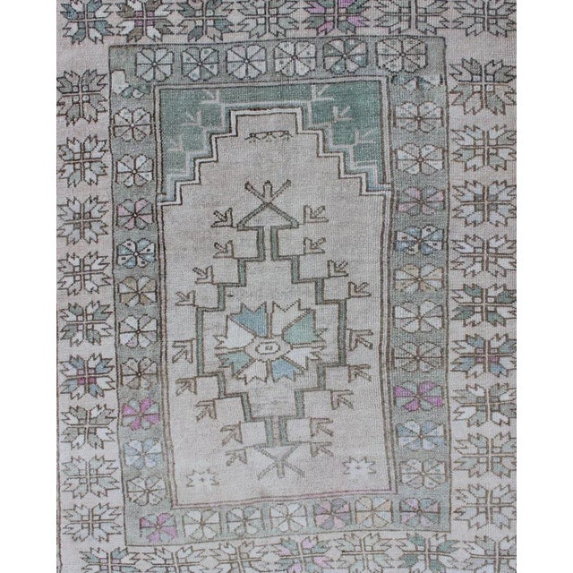 Tribal Vintage Turkish Oushak Square Rug With Medallion in Soft Green and Creams For Sale - Image 4 of 11