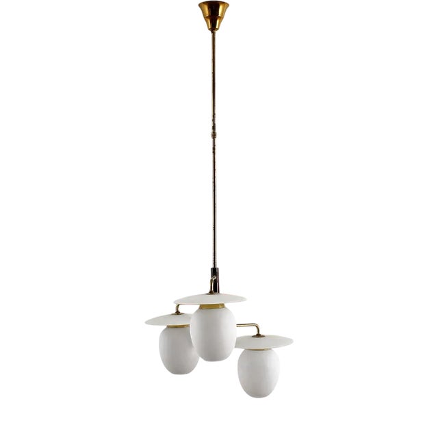 Mid-Century Modern Brass and Curved Glass Hanging Light, 1950s For Sale