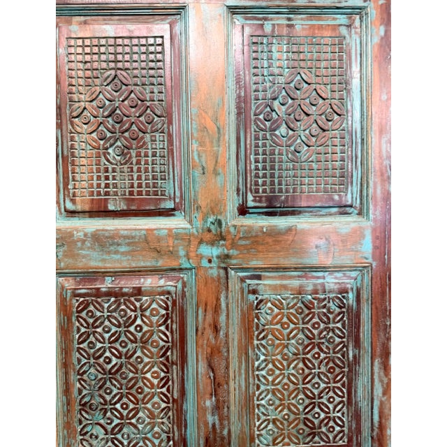 Antique Blue Carved Reclaimed Wood Barn Door – Vintage Architectural Accent 96x36 For Sale - Image 4 of 10
