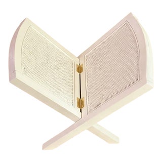 Vintage White Rattan Magazine Rack-Folding-Wood-Cane-Book Holder-Cottage Decor For Sale