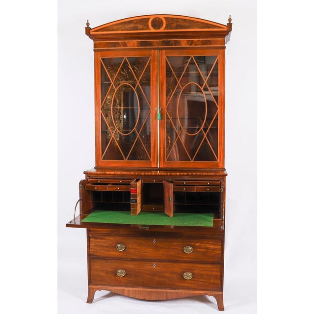Antique George III Inlaid Flame Mahogany Secretaire Bookcase, 1815 For Sale - Image 12 of 18