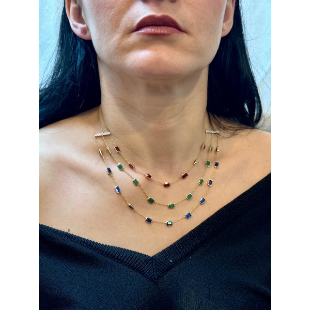 Three Layer Necklace With Emerald , Ruby & Kyanite with Diamond Bar, 14 KYG 15Gm For Sale - Image 13 of 18