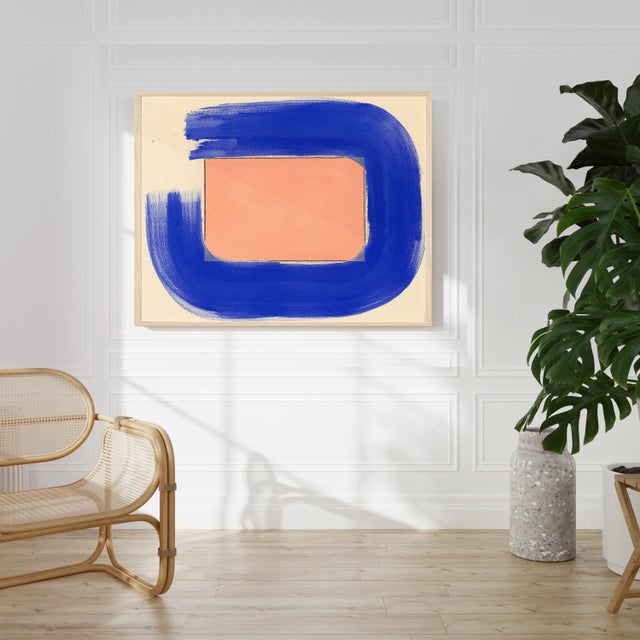 Mid-Century Modern Abstract Blush Pink & Cobalt Blue Art Print, Emily Keating Snyder, 24 X 30 Print in Wood Frame For Sale - Image 3 of 4