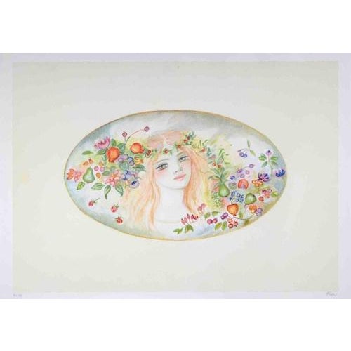 Modern Felicita Frai, Portrait with a Garland of Flowers, Lithograph, 1980s For Sale - Image 3 of 4