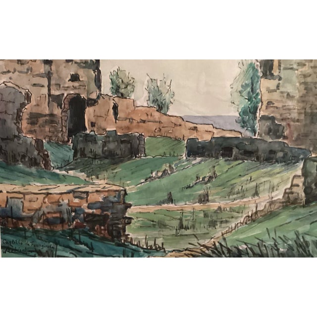 Green Original Watercolor, Castle Ruins in Fuengirola, Spain, Ancient Fortress Signed by Artist, Wooden Frame With Green matting For Sale - Image 8 of 12