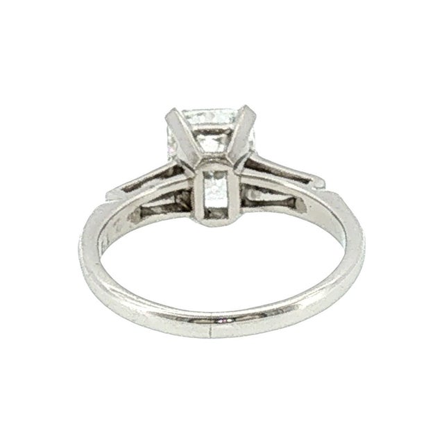 Contemporary 1950's Platinum Classic Tapered Baguette Engagement Ring With a 1.29 Radiant Cut, Size 4 For Sale - Image 3 of 4