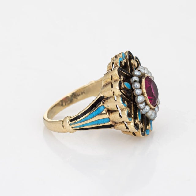 Traditional Early 20th Century Antique Edwardian Enamel Ring Vintage 14k Yellow Gold Seed Pearls size 3 For Sale - Image 3 of 7