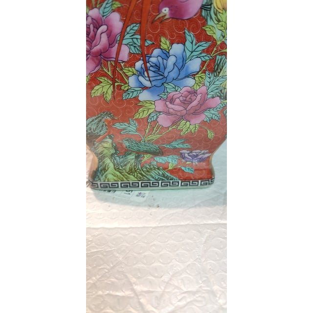 Red 20thC Chinese Ceramic Vase Qing Dynasty Qianlong Marked Red Ground Famille Rose Porcelain Square Vase Hand Painted Flowers and Birds Pattern For Sale - Image 8 of 10