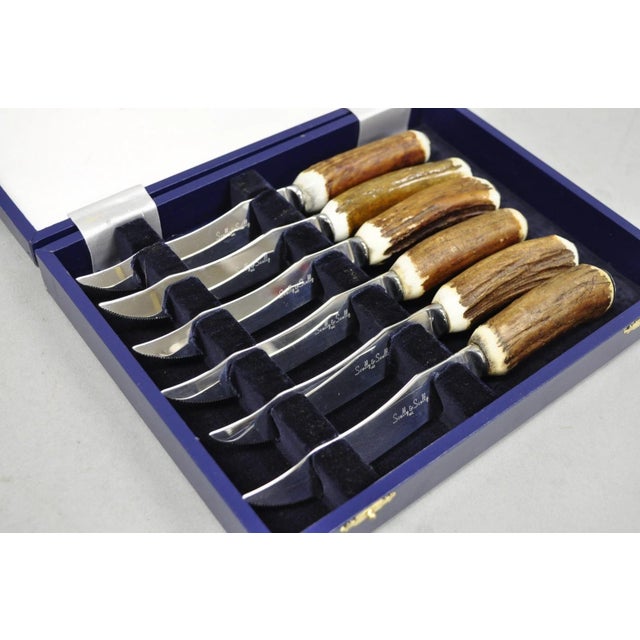Arts & Crafts Late 20th Century Scully & Scully Arts & Crafts Natural Staghorn Handle Steak Knives - Set of 6 For Sale - Image 3 of 16