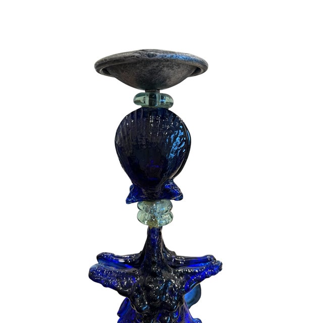 Pair of Heavy Cobalt Blue Art Glass Candlesticks 13" Tall For Sale - Image 12 of 12