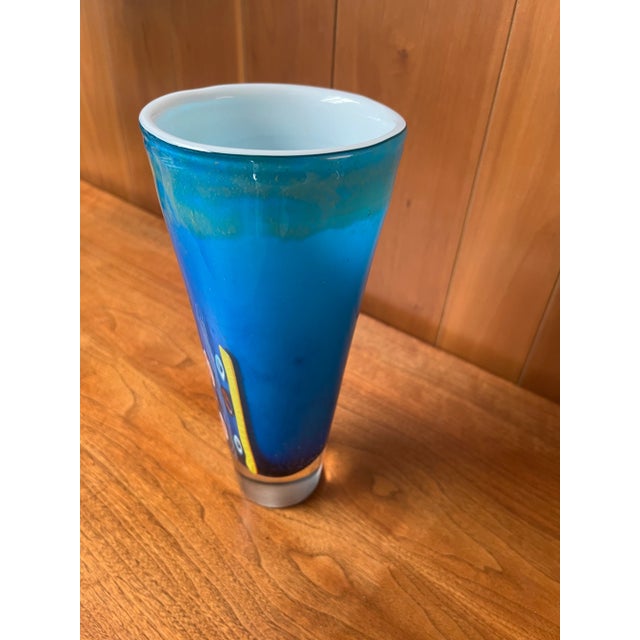 1950s Vintage Hand Blown Blue Art Glass Vase With Colorful Inclusions For Sale - Image 5 of 6