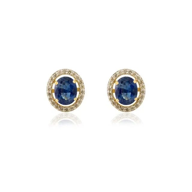 Not Yet Made - Made To Order 1.25ct Oval Cut Blue Sapphire Diamond Halo Statement Stud Earrings in 14k Gold- A Pair For Sale - Image 5 of 9