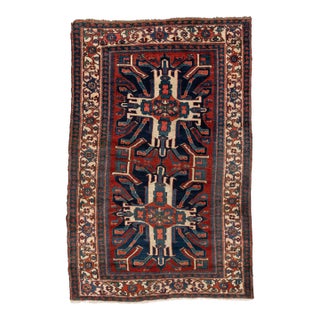 Red Ivory Navy Blue Tribal Geometric Caucasian Kazak Rug c. 1940 For Sale
