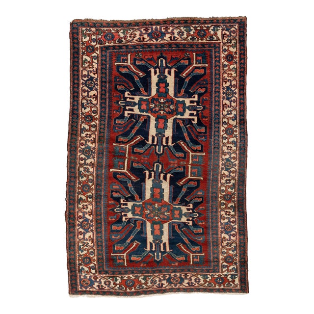 Red Ivory Navy Blue Tribal Geometric Caucasian Kazak Rug c. 1940 For Sale