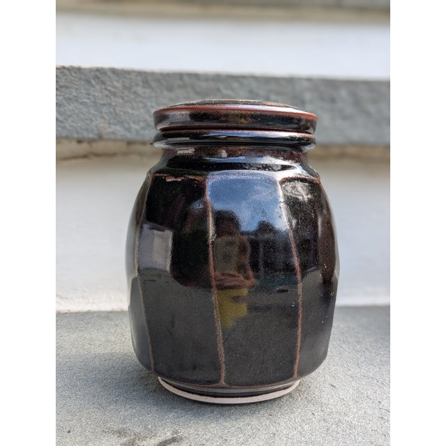 Rustic 1990s Kit Vorhaus Brown Drip Glaze Stoneware Lidded Jar, Signed Studio Pottery For Sale - Image 3 of 10