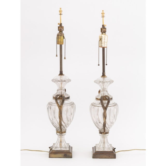 Metal Pair of Regency Style Molded Glass and Brass Lamps For Sale - Image 7 of 7