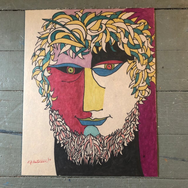 1970s Original Vintage Colored Felt Marker Pop Art Portrait Drawing 1970’s For Sale - Image 5 of 5