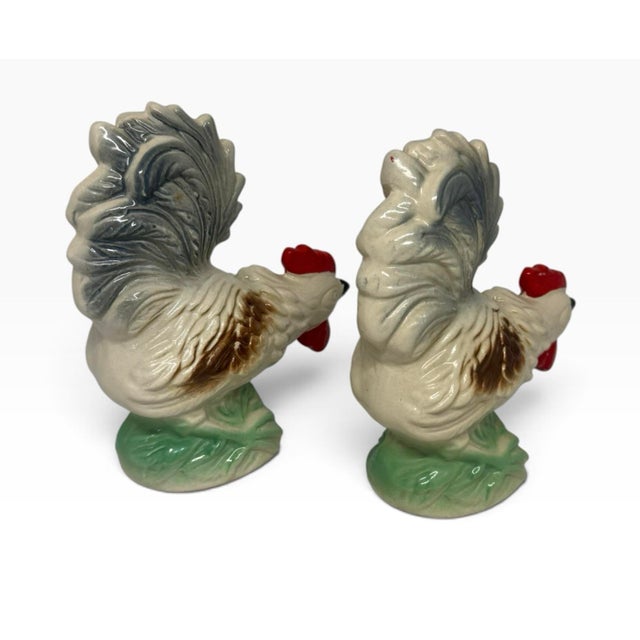 Vintage Hand-Painted Lusterware Ceramic Rooster Figurines From Brazil - A Pair For Sale - Image 4 of 12