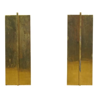 Pair of Mid Century Modernist Polished Brass Fireplace Andirons For Sale