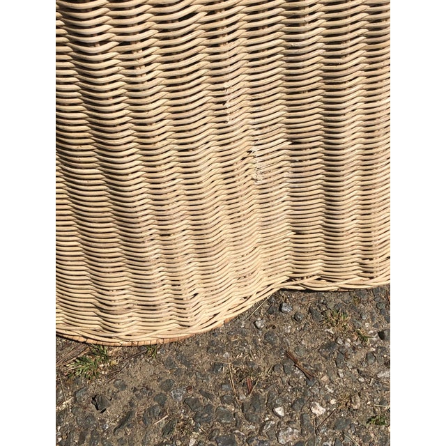 Rare pair of vintage organic trompe l’oeil natural wicker side tables or stands. These examples have a lovely draped...