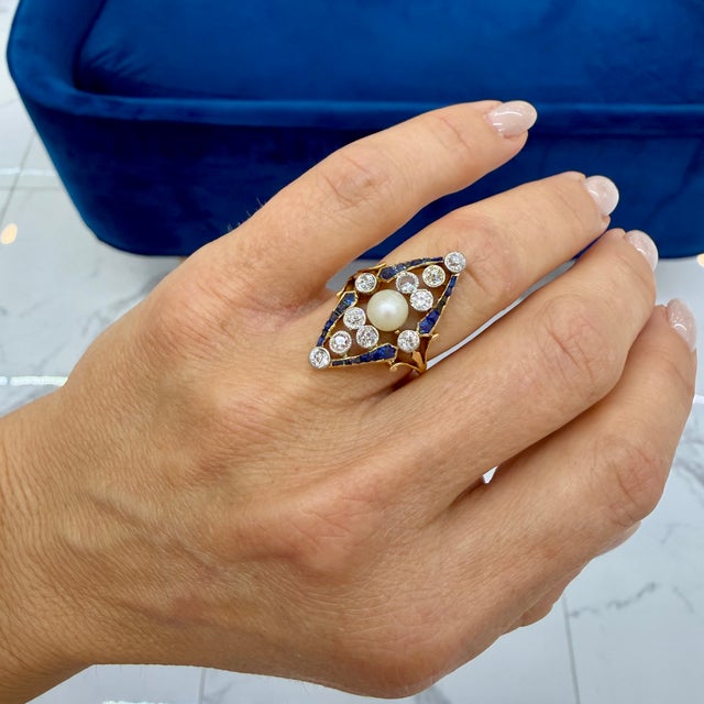 Gold Art Nouveau Platinum 18k Gold 1.77ctw Pearl Sapphire Diamond Navette Ring, Size 4.25 For Sale - Image 8 of 8