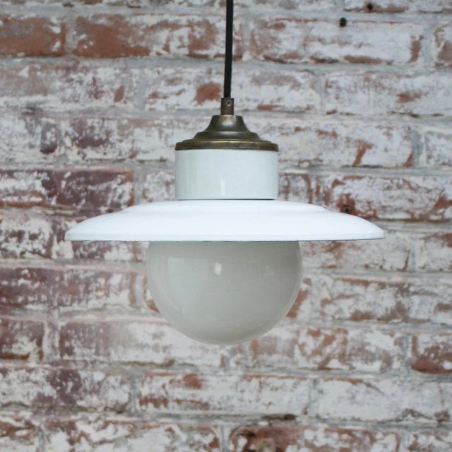 Vintage White Enamel, Opaline Glass, Porcelain & Brass Pendant Lamp For Sale - Image 6 of 8
